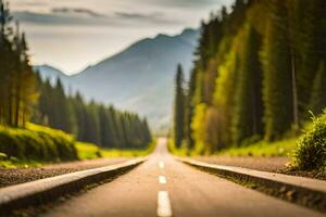 un' lungo strada nel il montagne. ai-generato foto