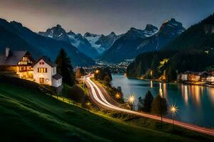 foto sfondo il cielo, montagne, Casa, lago, strada, Casa, Casa, lago,. ai-generato