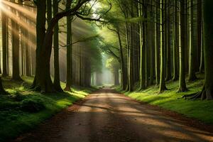 un' sporco strada nel il mezzo di un' foresta con alberi. ai-generato foto