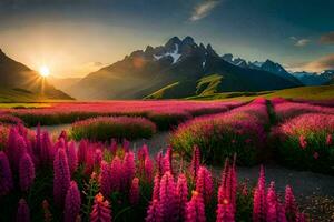 il sole sorge al di sopra di un' campo di rosa fiori e montagne. ai-generato foto