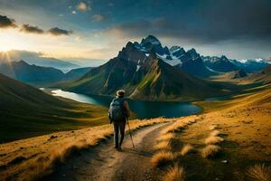 un' uomo passeggiate su un' sentiero nel il montagne. ai-generato foto