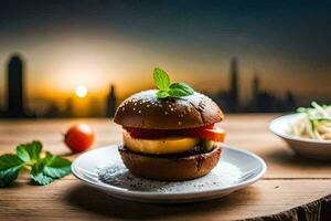 un' hamburger con pomodoro, lattuga e formaggio su un' piatto. ai-generato foto