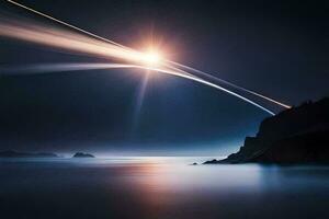 un' lungo esposizione fotografia di un' luminosa leggero splendente al di sopra di il oceano. ai-generato foto