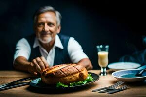 un' uomo seduta a un' tavolo con un' piatto di cibo. ai-generato foto