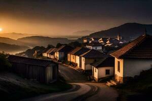 foto sfondo il cielo, strada, case, il sole, il montagne, il villaggio, il. ai-generato