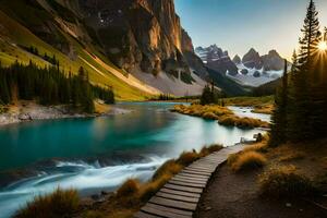 il sole sorge al di sopra di il montagne nel il sfondo. ai-generato foto