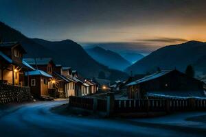 un' villaggio a tramonto nel il montagne. ai-generato foto