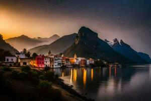 foto sfondo il cielo, montagne, acqua, case, montagne, il mare, il cielo,. ai-generato