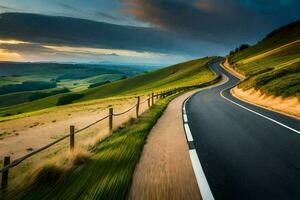 un' avvolgimento strada nel il campagna con un' tramonto. ai-generato foto