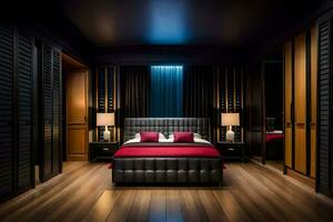 un' Camera da letto con un' letto, un' specchio e un' di legno pavimento. ai-generato foto