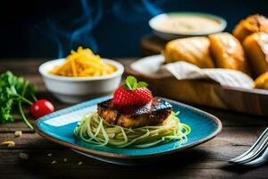 un' piatto con spaghetti e carne su esso. ai-generato foto