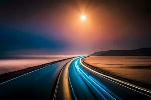 un' lungo esposizione foto di un' autostrada a notte. ai-generato