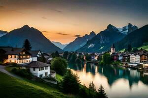 foto sfondo il cielo, montagne, lago, Svizzera, Casa, montagne, lago, sv. ai-generato