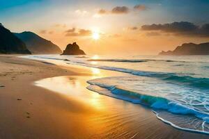 il sole sorge al di sopra di il oceano e il onde su il spiaggia. ai-generato foto