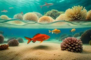 pesce nuoto nel il oceano con corallo e altro mare vita. ai-generato foto