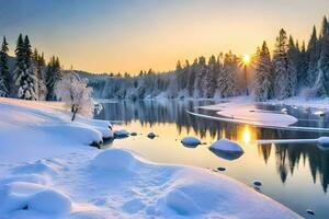 un' nevoso fiume nel il inverno. ai-generato foto