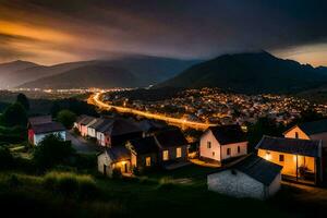 foto sfondo il cielo, montagne, notte, il villaggio, case, il villaggio, il villaggio. ai-generato