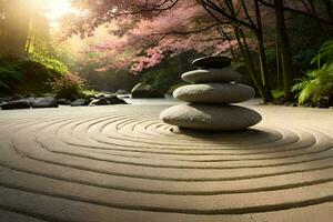 zen giardino con pietre e alberi nel il sole. ai-generato foto