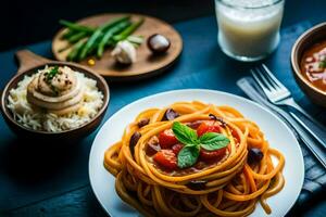 spaghetti con pomodoro salsa e verdure su un' piatto. ai-generato foto