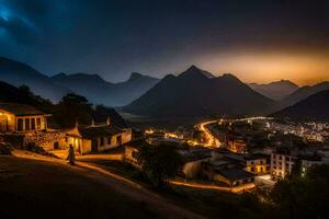 foto sfondo il cielo, montagne, notte, il villaggio, bhutan, il villaggio,. ai-generato