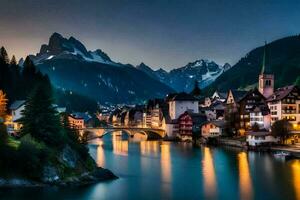 il cittadina di Hallstatt, Svizzera, a crepuscolo. ai-generato foto