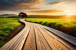 un' di legno sentiero conduce per un' albero nel il mezzo di un' campo. ai-generato foto