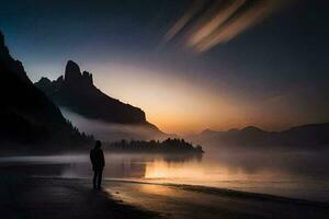 un' uomo sta su il riva di un' lago a tramonto. ai-generato foto