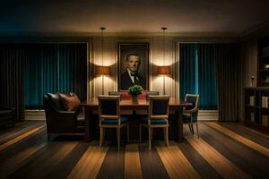 un' cenare camera con un' pittura di Presidente persona. ai-generato foto