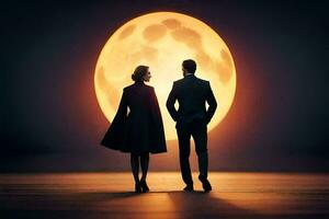 un' uomo e donna in piedi nel davanti di un' pieno Luna. ai-generato foto