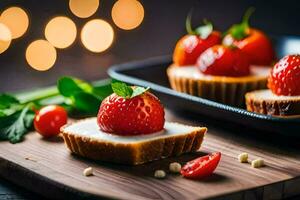 Due fette di torta con fragole su superiore. ai-generato foto