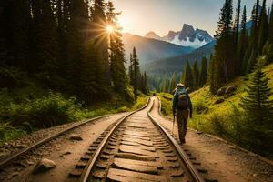 un' uomo a piedi lungo Ferrovia brani nel il montagne. ai-generato foto