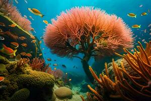 un' corallo scogliera con molti diverso tipi di pesce. ai-generato foto