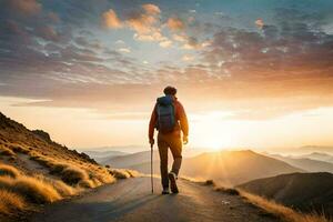 un' uomo con un' zaino a piedi su un' strada a tramonto. ai-generato foto