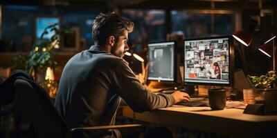 indietro Visualizza ritratto di un' giovane uomo utilizzando il computer portatile a il suo posto di lavoro generativo ai foto