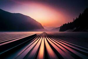 un' lungo esposizione fotografia di un' treno traccia nel il mezzo di un' lago. ai-generato foto