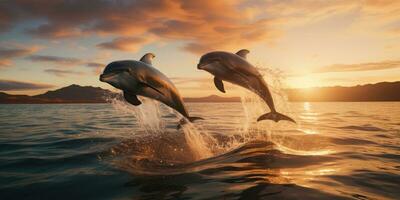 bellissimo delfino saltare salto a partire dal splendente tramonto mare ai generativo foto