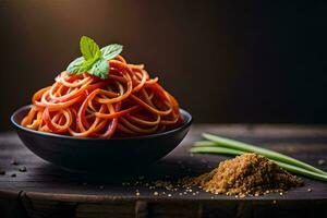 un' ciotola di spaghetti con un' verde foglia e spezie. ai-generato foto