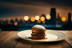 un' hamburger su un' piatto con un' paesaggio urbano nel il sfondo. ai-generato foto