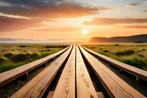 un' di legno traccia principale per il tramonto. ai-generato foto