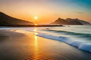 il sole imposta al di sopra di il oceano e onde su un' spiaggia. ai-generato foto
