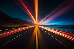 leggero sentieri su un' autostrada a notte. ai-generato foto