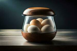 un' vaso pieno con uova su un' di legno tavolo. ai-generato foto