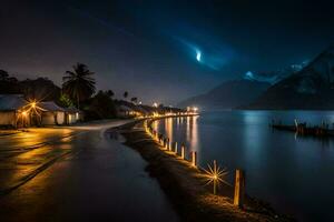 un' lungo strada principale per un' lago a notte. ai-generato foto