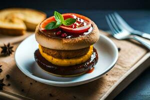 un' Hamburger con pomodoro, formaggio e Melograno su un' piatto. ai-generato foto