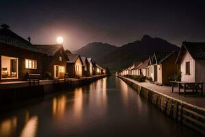 foto sfondo il Luna, acqua, case, Norvegia, il Luna, il notte, il. ai-generato