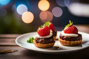 tre piccolo dolci con fragole su un' piatto. ai-generato foto