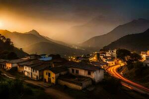 foto sfondo il cielo, montagne, strada, strada, il villaggio, il villaggio, il villaggio. ai-generato