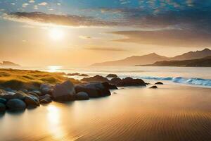 un' spiaggia a tramonto con rocce e erba. ai-generato foto