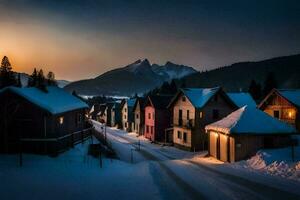 un' nevoso villaggio a tramonto con case e montagne nel il sfondo. ai-generato foto