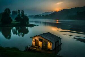 un' piccolo Casa si siede su il bordo di un' lago a tramonto. ai-generato foto